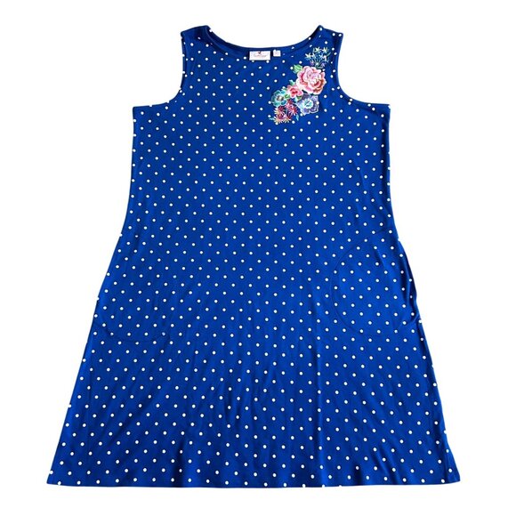 Quacker Factory Womens xl Blue Polka Dot Sleeveless Dress W/ Floral Embroidery - Picture 11 of 12